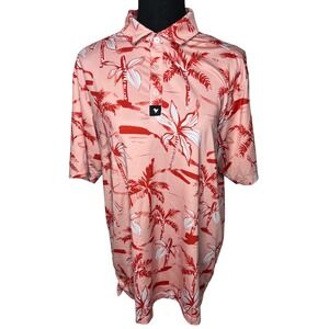 Bad Birdie Womens Large Pink Red Palm Tree Tropical Golf Polo Shirt Short Sleeve
